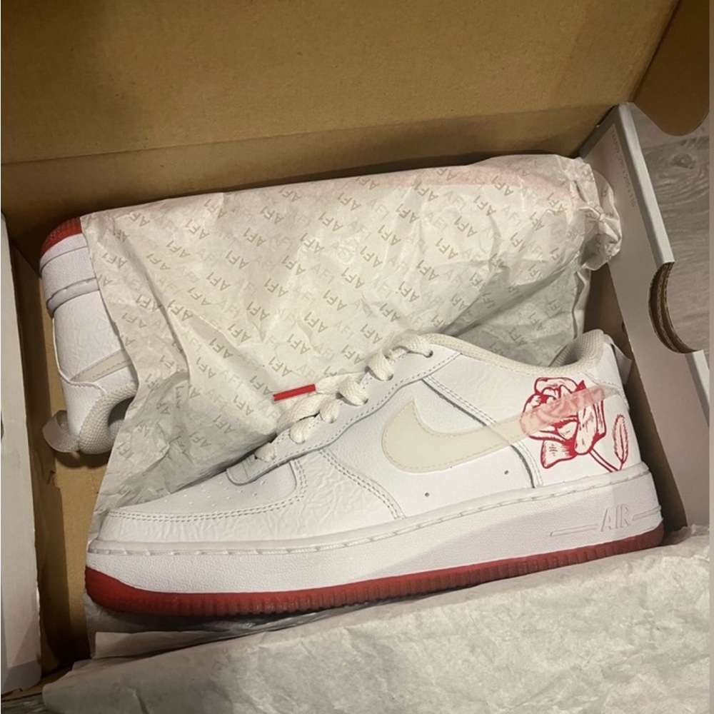 Nike White and Red Sneakers with Rose Design